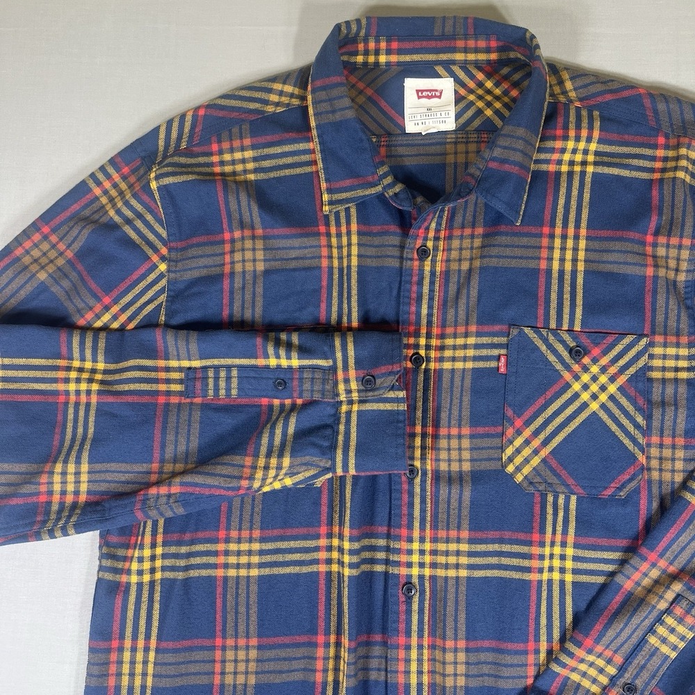 Levi's Flannel Shirt Mens XXL Blue Yellow Red Plaid Button Up Long Sleeve
